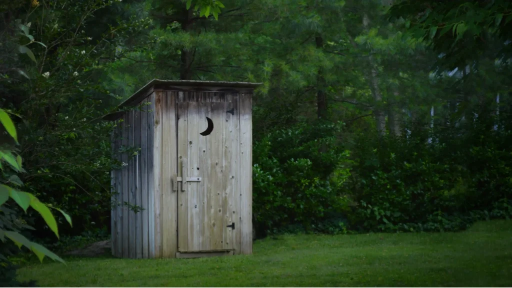 An outhouse, standing at the edge of a clearing.