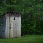 An outhouse, standing at the edge of a clearing.